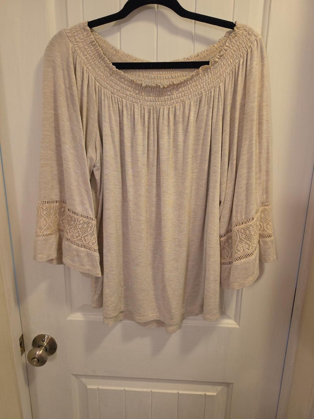 Daniel Rainn Cream Off-Shoulder Blouse with Lace-Trim Sleeves